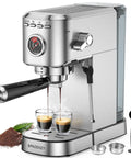 Top Tier 20 Bar Espresso Machine With Quick Heat Milk Frother And Powerhouse 1350W Pump Compact Stainless Steel Coffee Maker brewing espresso shots in clear cups.
