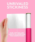 Hand holding sheet from Pink Retractable Mini Lint Roller With 30 Extra Sticky Sheets Ultra Portable Travel Size Pocket Roller For Pet Hair Dust And Lint Easy Twist Mechanism Great For On The Go And Quick Cleanups, showcasing stickiness against pink background.