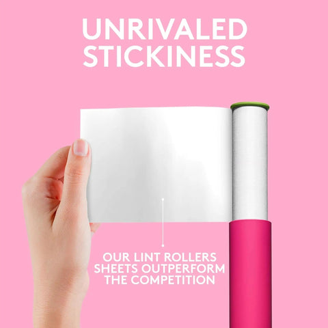 Hand holding sheet from Pink Retractable Mini Lint Roller With 30 Extra Sticky Sheets Ultra Portable Travel Size Pocket Roller For Pet Hair Dust And Lint Easy Twist Mechanism Great For On The Go And Quick Cleanups, showcasing stickiness against pink background.