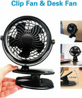 Clip On Fan Battery Operated With 360 Degree Rotation showing black fan with clip base and size details