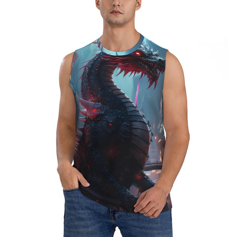 Mens Sleeveless Crewneck Tank Top With Dope Dragon Graphic Hella Comfortable And Lightweight Workout Tee For Gym Routines Or Casual Hangouts In Solid Black, featuring a vibrant dragon design.