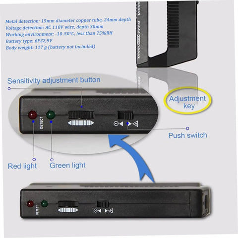 Close-up of Wire Pipe Power Detector, Adjustable Alert Stud Finder Wall Scanner, showing sensitivity adjustments and button details.