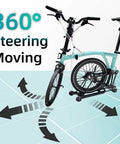 Omni-directional wheel robotic toy parts, turquoise foldable bike frame with 48mm wheels and 360-degree steering arrows.