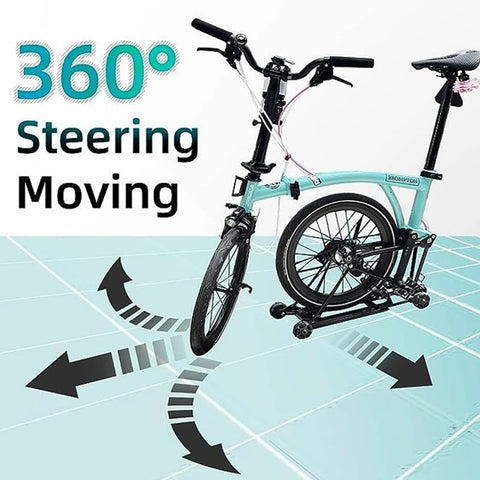 Omni-directional wheel robotic toy parts, turquoise foldable bike frame with 48mm wheels and 360-degree steering arrows.
