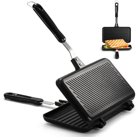 Flip Panini Sandwich Maker With Nonstick Aluminum Grill Pan And Handle Stovetop Indoor Outdoor Press for camping and home use