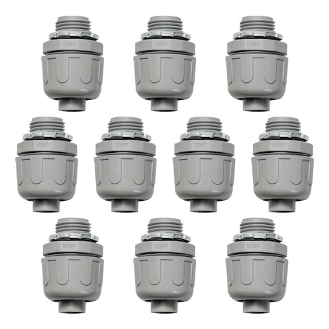 One Half Inch Liquid Tight NPT Non Metallic Conduit Connector For PVC Electrical Flexible Conduit Fittings 180 Degree Straight UL Listed Grey 10 Pack