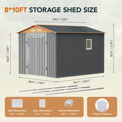 Durable 10 By 8 Ft Metal Storage Shed With Floor Frame Lockable Doors Vent Panels And Window Matte Gray Finish