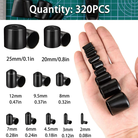 320 Pieces Black Rubber End Caps Set with Round Vinyl Caps for bolt protection displayed in different sizes in hand
