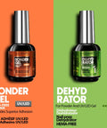 Nail Prep Kit 2x15ml HEMA Free Dehydrator And Acid Free Primer bottles on orange and green backgrounds