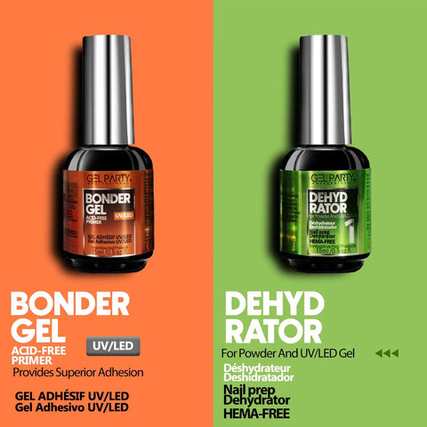 Nail Prep Kit 2x15ml HEMA Free Dehydrator And Acid Free Primer bottles on orange and green backgrounds