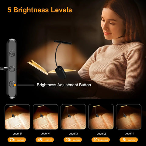 Gritin rechargeable book light with flexible gooseneck clip-on, 19 LEDs, memory function, for reading in bed