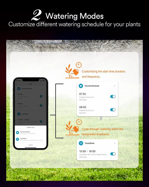 Smartphone displaying app control for WiFi Garden Hose Water Timer With Hub For Remote Auto Irrigation, Rain Delay, Manual And Auto Modes.