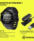 ULT-G Golf GPS Watch With Front Center Back Distances Hazards 38 Thousand Plus Courses Preloaded No App Needed On Course Lightweight And Water Resistant Easy Yardage Finder For Serious On Course Play shown with clip-on charging dock