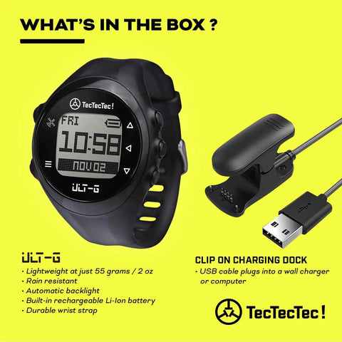 ULT-G Golf GPS Watch With Front Center Back Distances Hazards 38 Thousand Plus Courses Preloaded No App Needed On Course Lightweight And Water Resistant Easy Yardage Finder For Serious On Course Play shown with clip-on charging dock