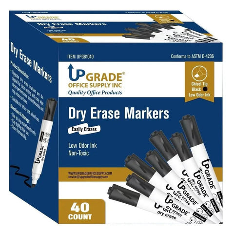 40 Count Black Dry Erase Markers With Low Odor Ink And Chisel Tip For Classrooms And Offices box packaging