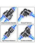 Get 60 Pcs 1/4 Inch Push To Connect Air Hose Fittings Kit For Pneumatic Systems With Quick Assembly No Tools Needed And Compatible With 4 6 8 10 12mm Tubing Perfect For Compressors And Industrial Setup black push-to-connect elbow air hose fittings with blue tubing