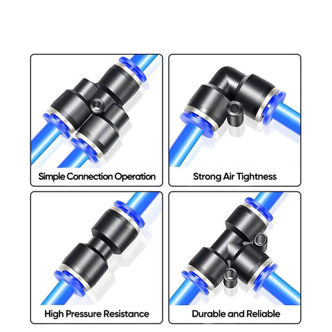 Get 60 Pcs 1/4 Inch Push To Connect Air Hose Fittings Kit For Pneumatic Systems With Quick Assembly No Tools Needed And Compatible With 4 6 8 10 12mm Tubing Perfect For Compressors And Industrial Setup black push-to-connect elbow air hose fittings with blue tubing