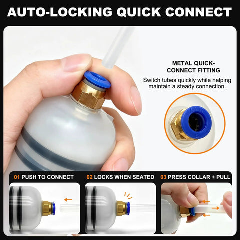 Tight Squeeze Friendly 200cc Automotive Fluid Extractor And Fill Pump with metal quick-connect fitting in hand.