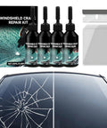 Upgrade Windshield Crack Repair Kit Pro Grade Resin For Chips And Small Cracks, kit with resin bottles and curing films, before and after repair visual on windshield