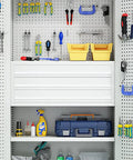 Heavy Gauge Steel Tool Cabinet Featuring Lockable Rollout Drawers Adjustable Interior Shelves Built Like A Tank Pivoting Caster Wheels with tools.