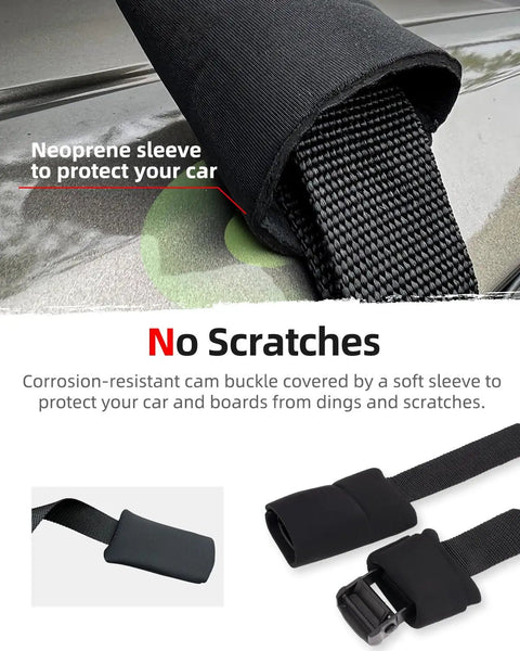 Close-up of Soft Roof Rack Pad Kit Dope For Surfboard Kayak And Canoe With 2 Tie Down Straps showing neoprene sleeve protection.