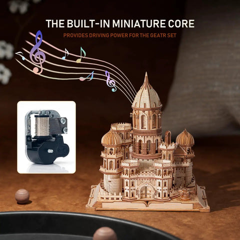 Epic Enchanted Castle Clockwork 3D Wooden Puzzle Kit 1000 Piece For Adults And Teens 14 Plus DIY Mechanical Puzzle Set For Puzzle Enthusiasts And Builders And Fans, shown with music box core