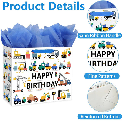 Construction Birthday Gift Bags For Boys With Tissue Paper And Greeting Card 13 Inch Vehicle Theme Trucks Excavators Cranes