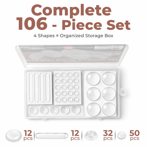 Skip Annoying Door Slams Cabinet Bumpers And Self Adhesive Silicone Furniture Pads In One Massive Variety Kit showing organized 106-piece set.