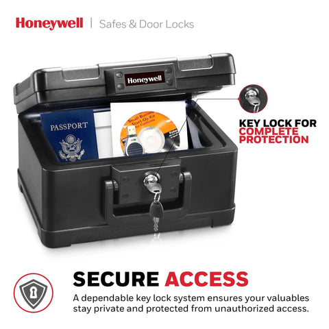 Open Compact Home Safe Box With Key Lock, Fireproof And Water Resistant, 0.15 cu ft, showing passport and DVD inside.
