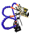 Helping Hand Soldering Setup With Flexible 360 Degree Stainless Steel Arms holding PCB, magnifying lamp not visible.