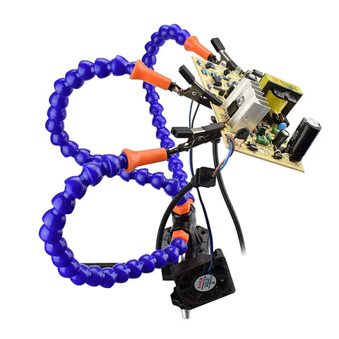 Helping Hand Soldering Setup With Flexible 360 Degree Stainless Steel Arms holding PCB, magnifying lamp not visible.