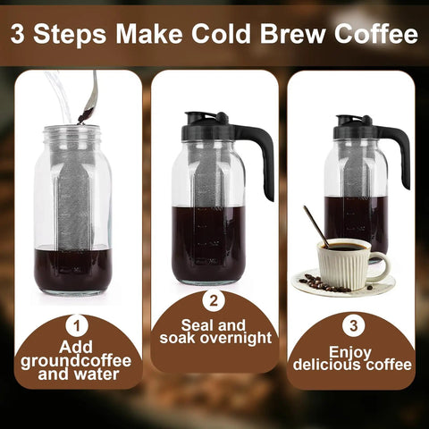 64 Oz Cold Brew Pitcher With Stainless Steel Filter And V Shaped Pour Spout, making coffee in three steps.
