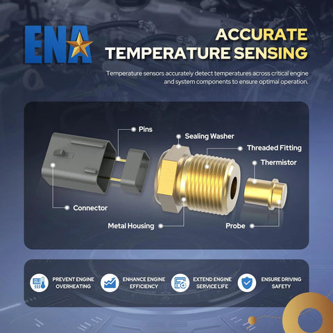 ENA engine coolant temperature sensor assembly exploded view with connector sealing washer threaded fitting thermistor
