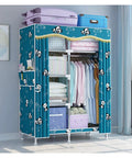 Sleek Portable Wardrobe Closet Organizer Heavy Duty Fabric Standing Clothes Rack With Hanging Rods And Side Pockets in blue with panda design.