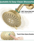 Adjustable gold shower head with 360° swivel ball joint and touch-clean nozzles, part of Shower Faucet With Valve And 5 Spray Touch Clean Shower Head, Single Handle Trim Kit, Wall Mounted Complete Set, Solid Brass Rough-In Valve, Pressure Balanced, Easy Clean Holes, Modern Bath Upgraded.