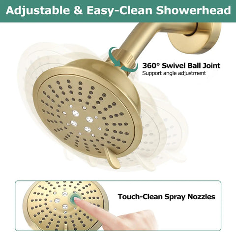Adjustable gold shower head with 360° swivel ball joint and touch-clean nozzles, part of Shower Faucet With Valve And 5 Spray Touch Clean Shower Head, Single Handle Trim Kit, Wall Mounted Complete Set, Solid Brass Rough-In Valve, Pressure Balanced, Easy Clean Holes, Modern Bath Upgraded.