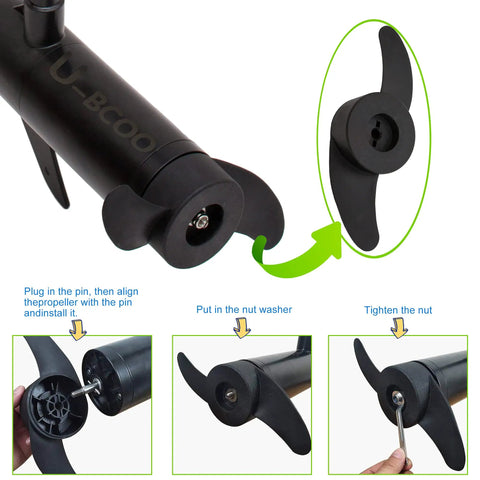 Power Prop Kit 2 Blade 3 Inch Hub Trolling Motor Propeller assembly illustration with pin and nut installation steps
