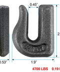 5/16 Inch Weld-On Grade 70 Grab Hook For Flatbed Trailers And Tractors with dimensions, 4.700 WLL, and steel construction