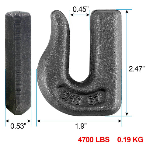 5/16 Inch Weld-On Grade 70 Grab Hook For Flatbed Trailers And Tractors with dimensions, 4.700 WLL, and steel construction