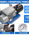 Sciolix 2200W Electric Hydraulic Hose Crimping Machine With 8 Dies For 6 To 25mm ID 35mpa Pressure Works With Wire Hoses For Professional Workshop And Industrial Use Includes Full Die Set Easy Operation, showcasing the motor and solenoid valve.