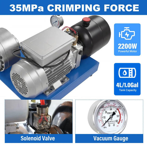 Sciolix 2200W Electric Hydraulic Hose Crimping Machine With 8 Dies For 6 To 25mm ID 35mpa Pressure Works With Wire Hoses For Professional Workshop And Industrial Use Includes Full Die Set Easy Operation, showcasing the motor and solenoid valve.