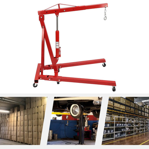 Straight Up Heavy Duty Hydraulic Engine Hoist And Cherry Picker, red carbon steel shop crane with swivel wheels, garage lift.