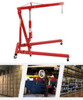 Heavy Duty Hydraulic Engine Crane With Six Swivel Casters And Foldable Steel Frame built for moving engines in garage shops.