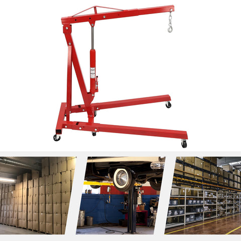 Heavy Duty Hydraulic Engine Crane With Six Swivel Casters And Foldable Steel Frame built for moving engines in garage shops.