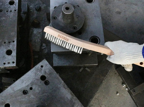 Heavy Duty Wire Brush Set With 14 Inch Beech Wood Handles cleaning metal equipment, carbon steel bristles visible