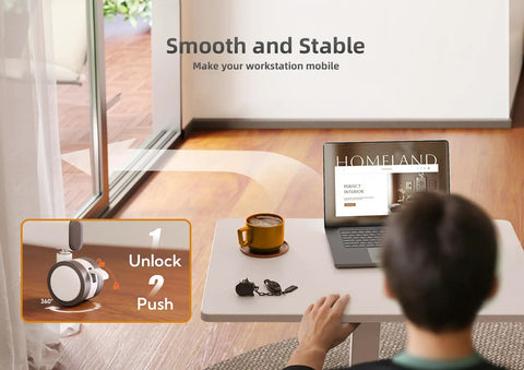 User using Mobile Standing Desk With Wheels For The Home Office Compact Rolling Workstation With Lockable Front Casters Pneumatic Height Adjustable Laptop Desk White, showcasing stability and mobility in a room setting.