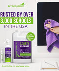 Screen cleaner products with purple microfiber cloth being used on a monitor. Trusted by over 3,000 schools in the USA.