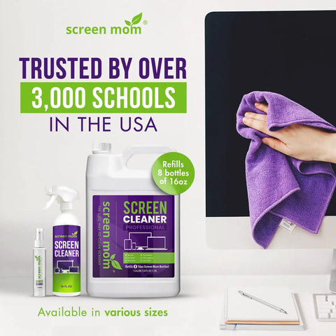 Screen cleaner products with purple microfiber cloth being used on a monitor. Trusted by over 3,000 schools in the USA.