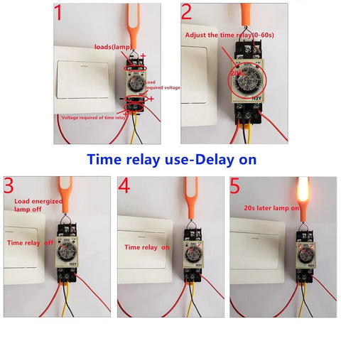 Delay Timer Relay 0-60 Seconds For 12V DC Control Systems, DPDT 8 Pin Time Relay With Base Socket, H3Y-2 model shown in steps