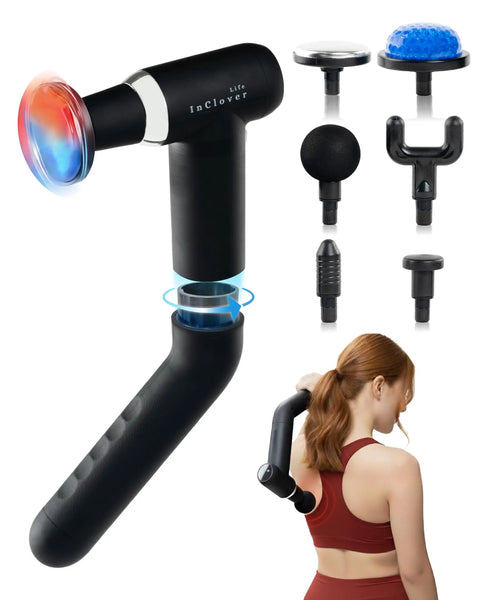 Deep Tissue Massage Gun with detachable extension handle for back and shoulders, includes various massage heads and heat option.